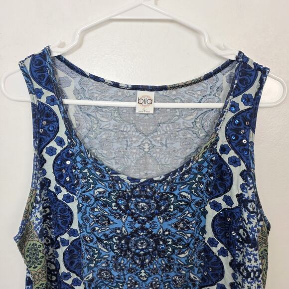Bila Blue White Floral Geometric Festival Sequin Lace Trim Tank Size Large - Picture 2 of 7
